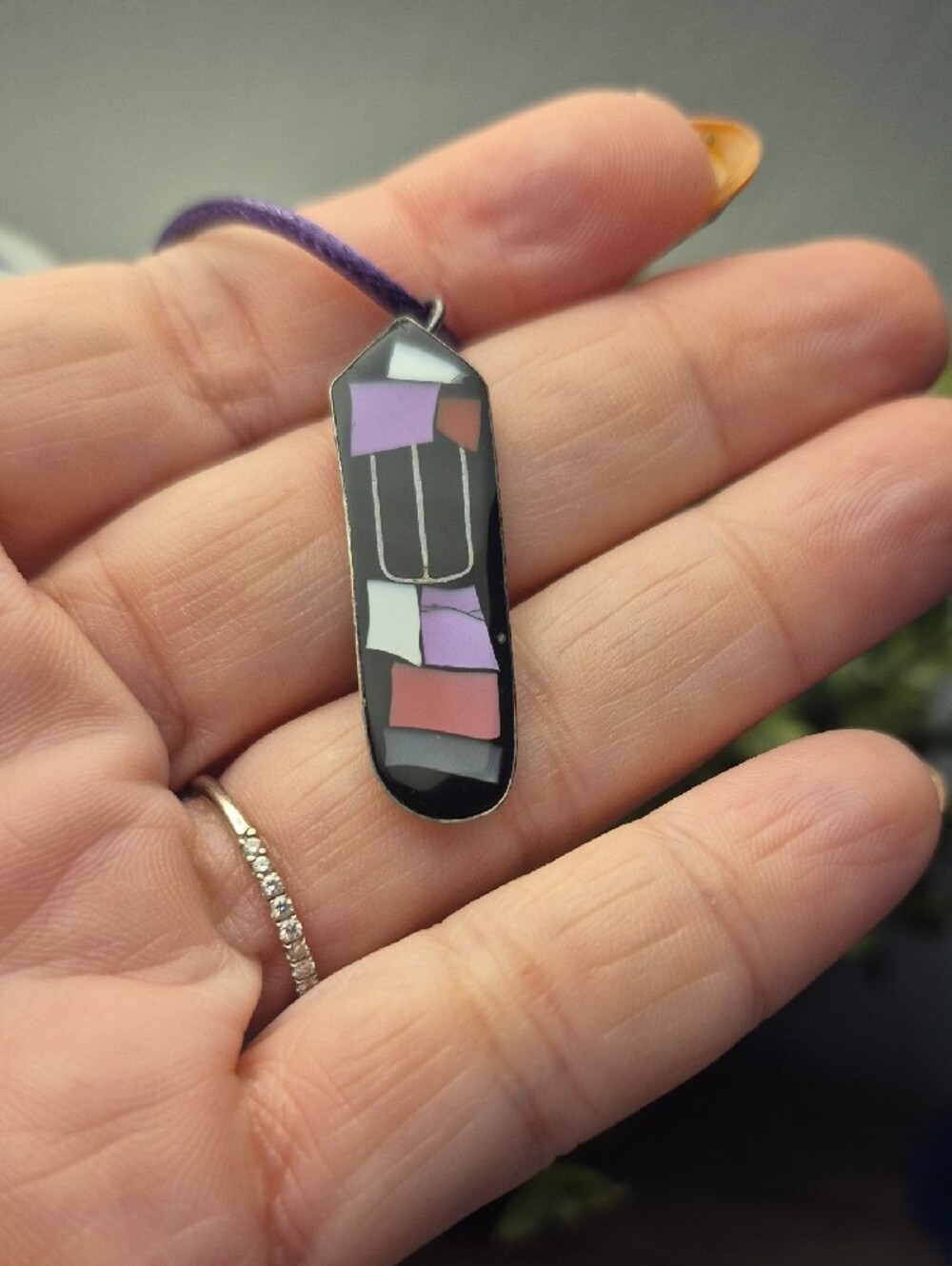 Vintage Israel Silver Pendant With Mother Of Pearl Mosaic Inlay On Cord